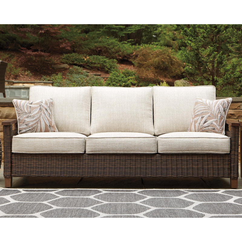 Highland Dunes Estill 84.38'' Wide Outdoor Wicker Patio Sofa with Cushions & Reviews Wayfair